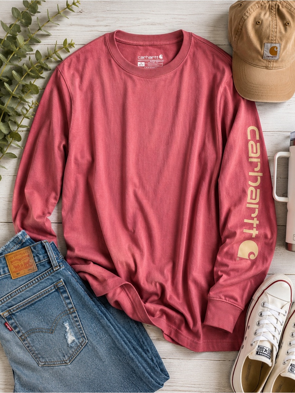Carhartt Women’s Loose Fit Long Sleeve Logo T-Shirt Pink Size Large 12–14